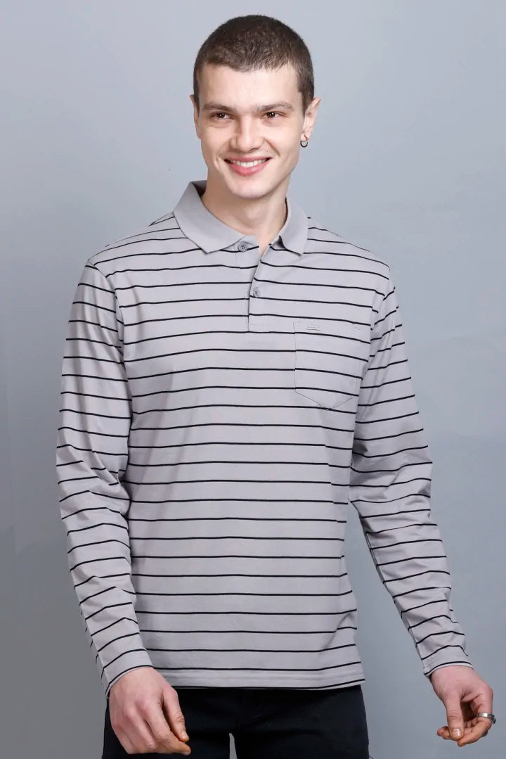 Light Grey Striped Cotton Full Sleeve Polo tshirt shirt for men