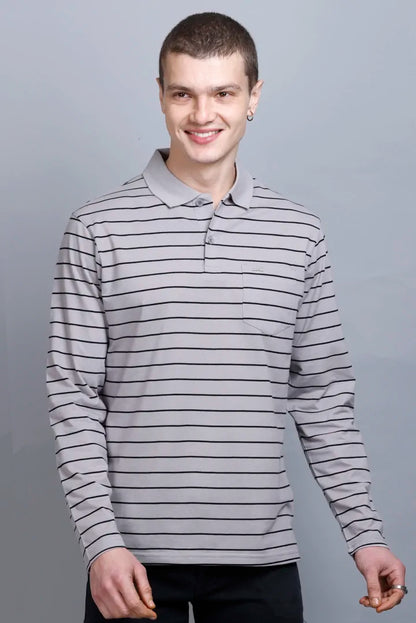 Light Grey Striped Cotton Full Sleeve Polo tshirt shirt for men