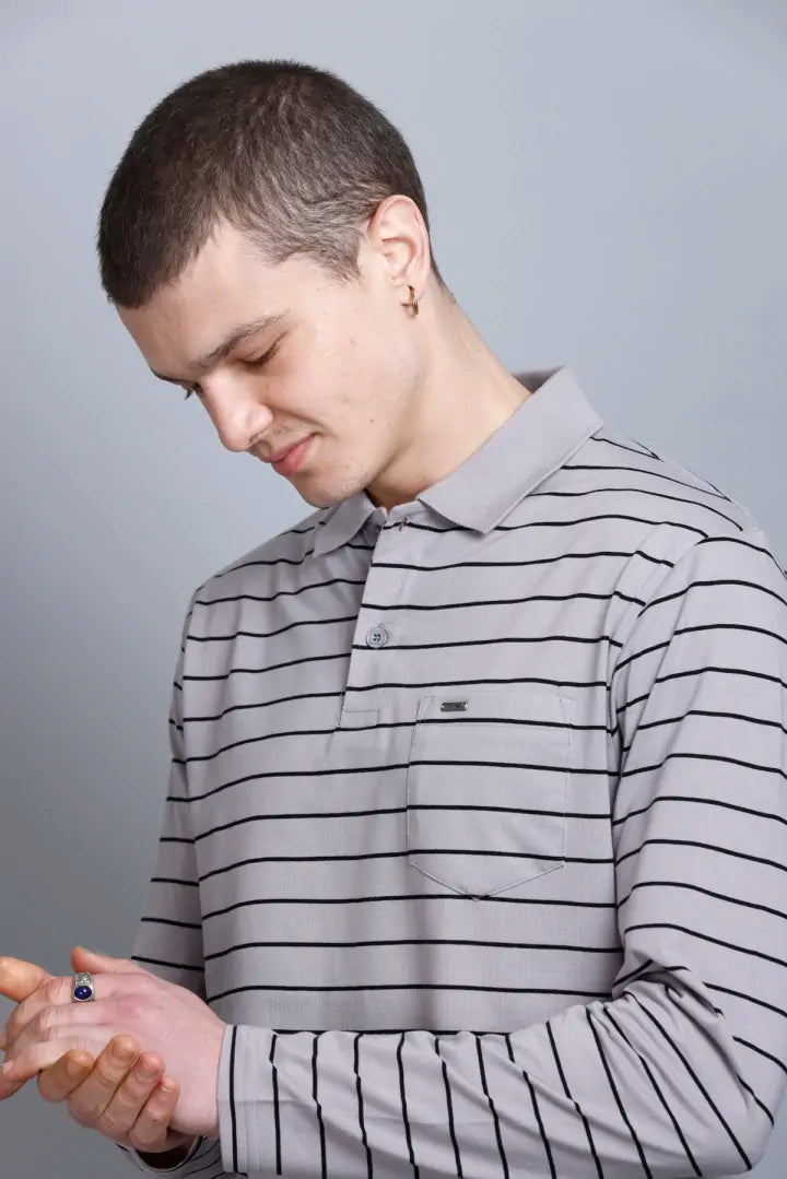 Light Grey Striped Cotton Full Sleeve Polo tshirt shirt for men