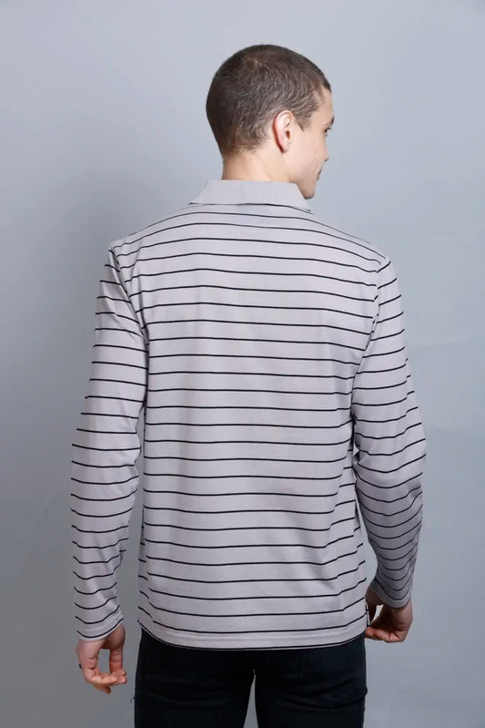 Light Grey Striped Cotton Full Sleeve Polo tshirt shirt for men