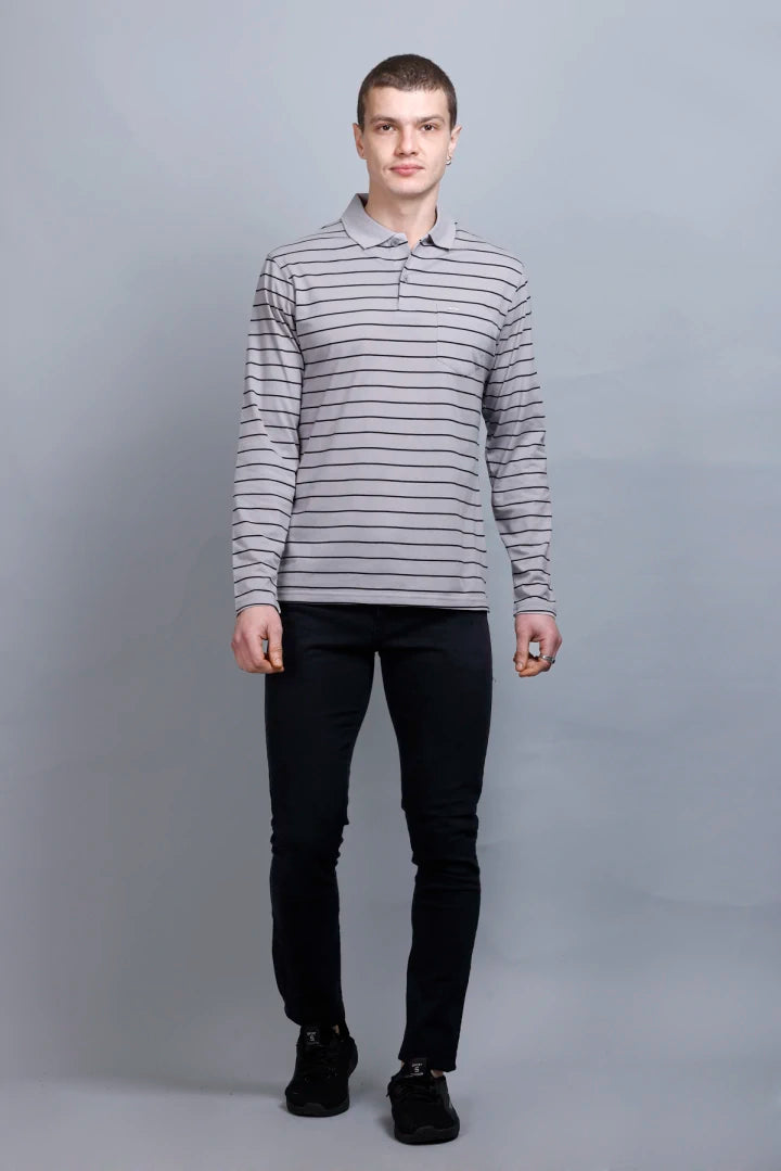 Light Grey Striped Cotton Full Sleeve Polo tshirt shirt for men