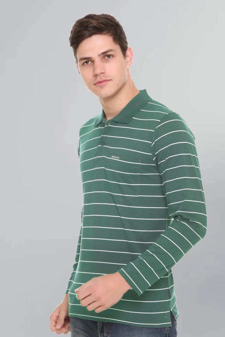 Turquoise Striped Cotton Men Full Sleeve Polo T Shirts With Pocket