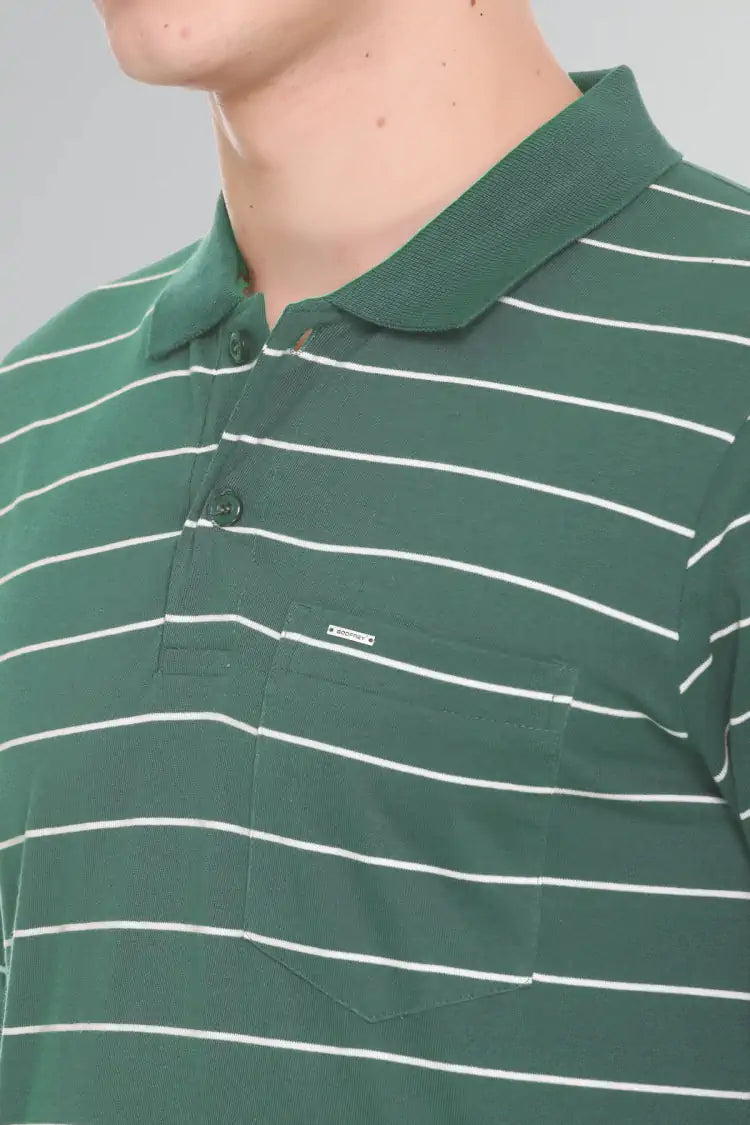 Turquoise Striped Cotton Men Full Sleeve Polo T Shirts With Pocket