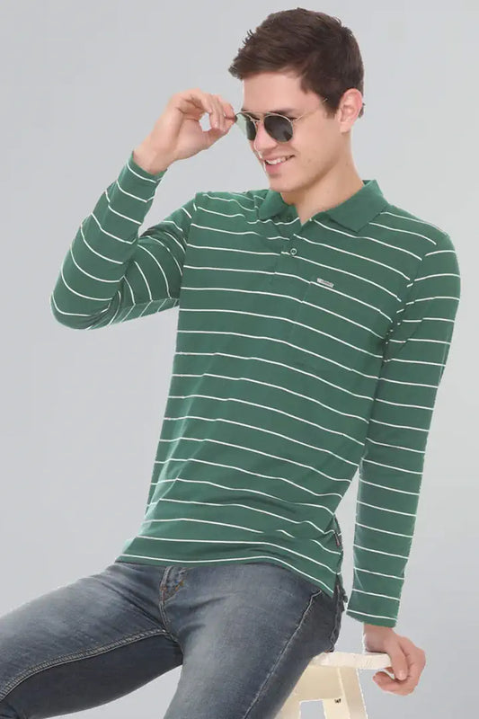 Turquoise Striped Cotton Men Full Sleeve Polo T Shirts With Pocket