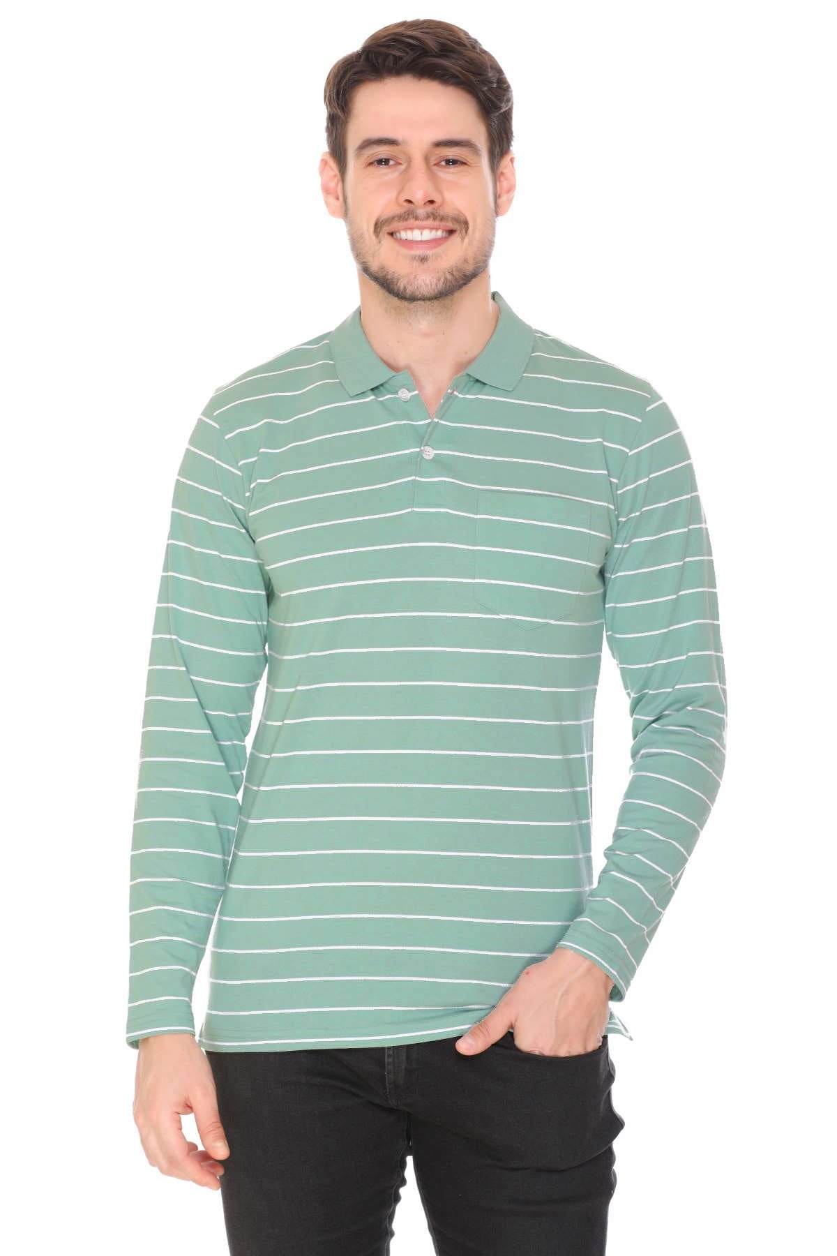 Ocean Green Striped Men Full Sleeve Polo T-Shirt