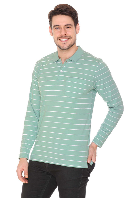 Ocean Green Striped Men Full Sleeve Polo T-Shirt