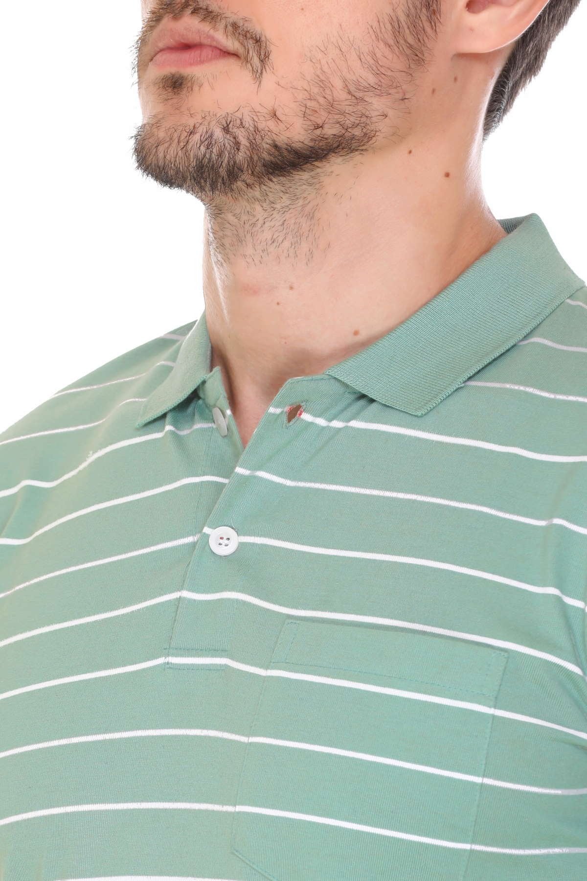 Ocean Green Striped Men Full Sleeve Polo T-Shirt