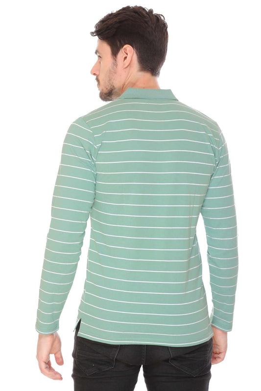 Ocean Green Striped Men Full Sleeve Polo T-Shirt