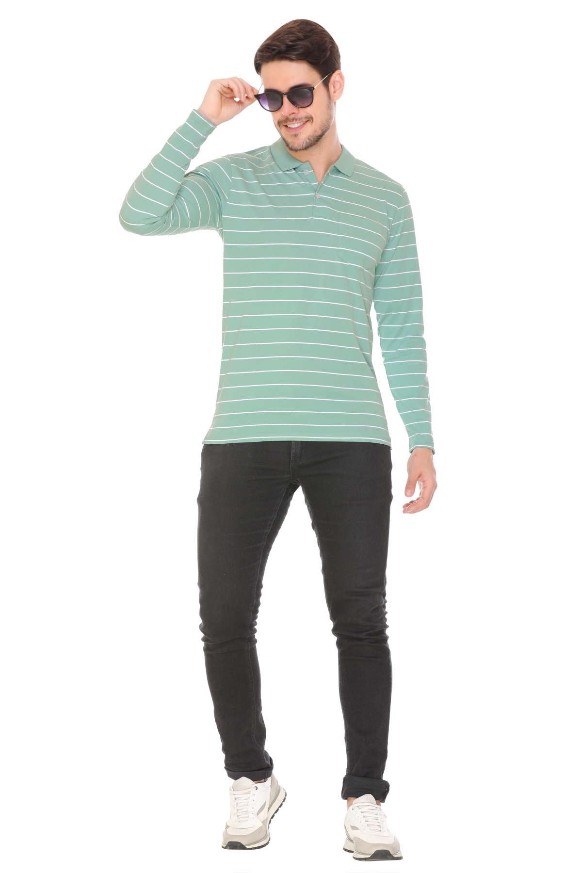 Ocean Green Striped Men Full Sleeve Polo T-Shirt