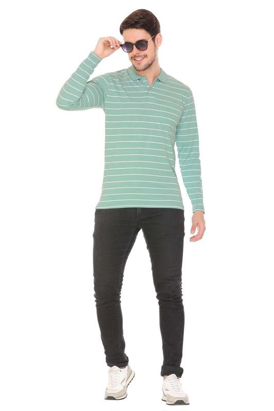 Ocean Green Striped Men Full Sleeve Polo T-Shirt
