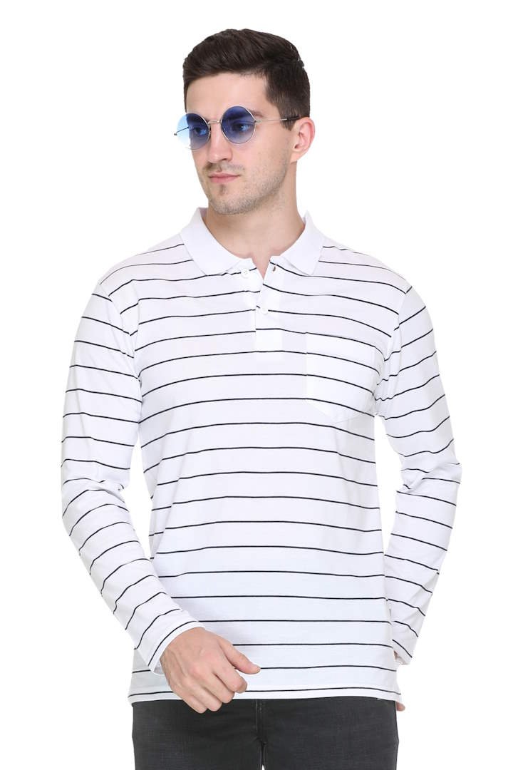 White Striped Cotton Men Full Sleeve Polo T Shirts With Pocket