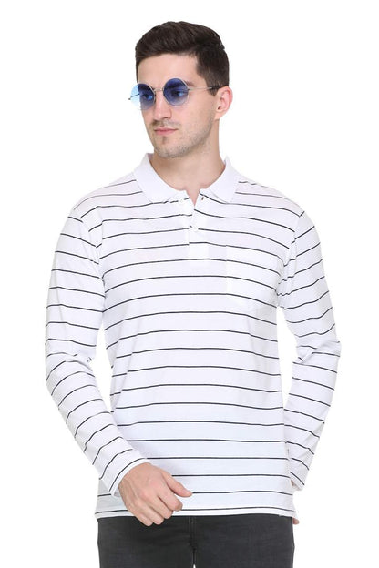 White Striped Cotton Men Full Sleeve Polo T Shirts With Pocket