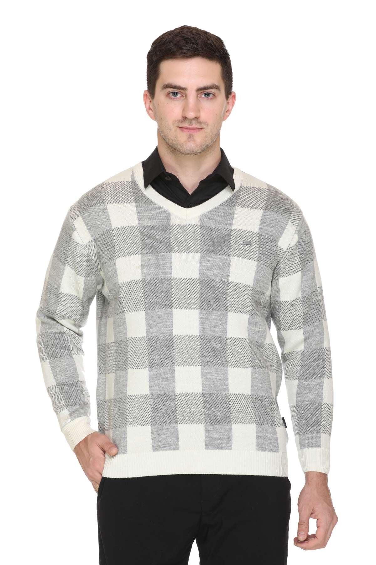 White Woolen V-Neck Designer Men Sweater
