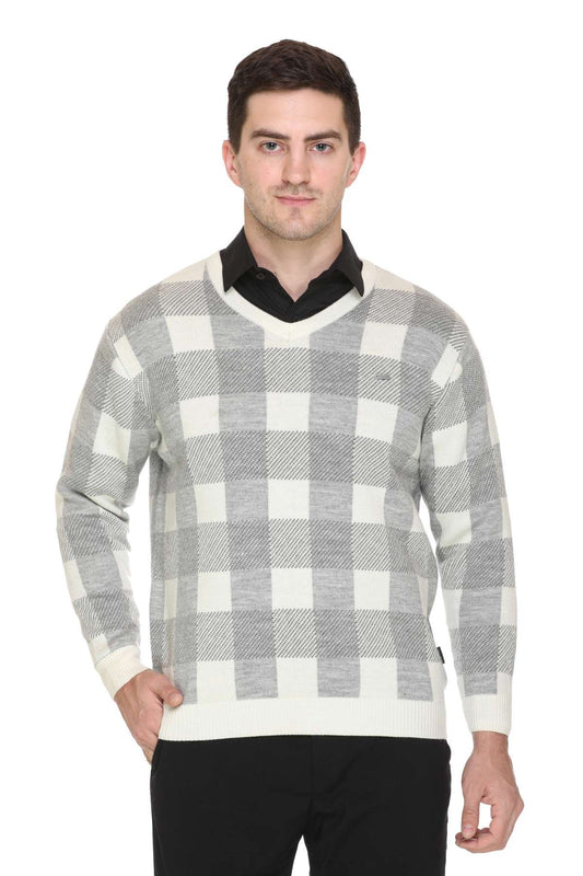 White Woolen V-Neck Designer Men Sweater