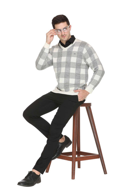 White Woolen V-Neck Designer Men Sweater