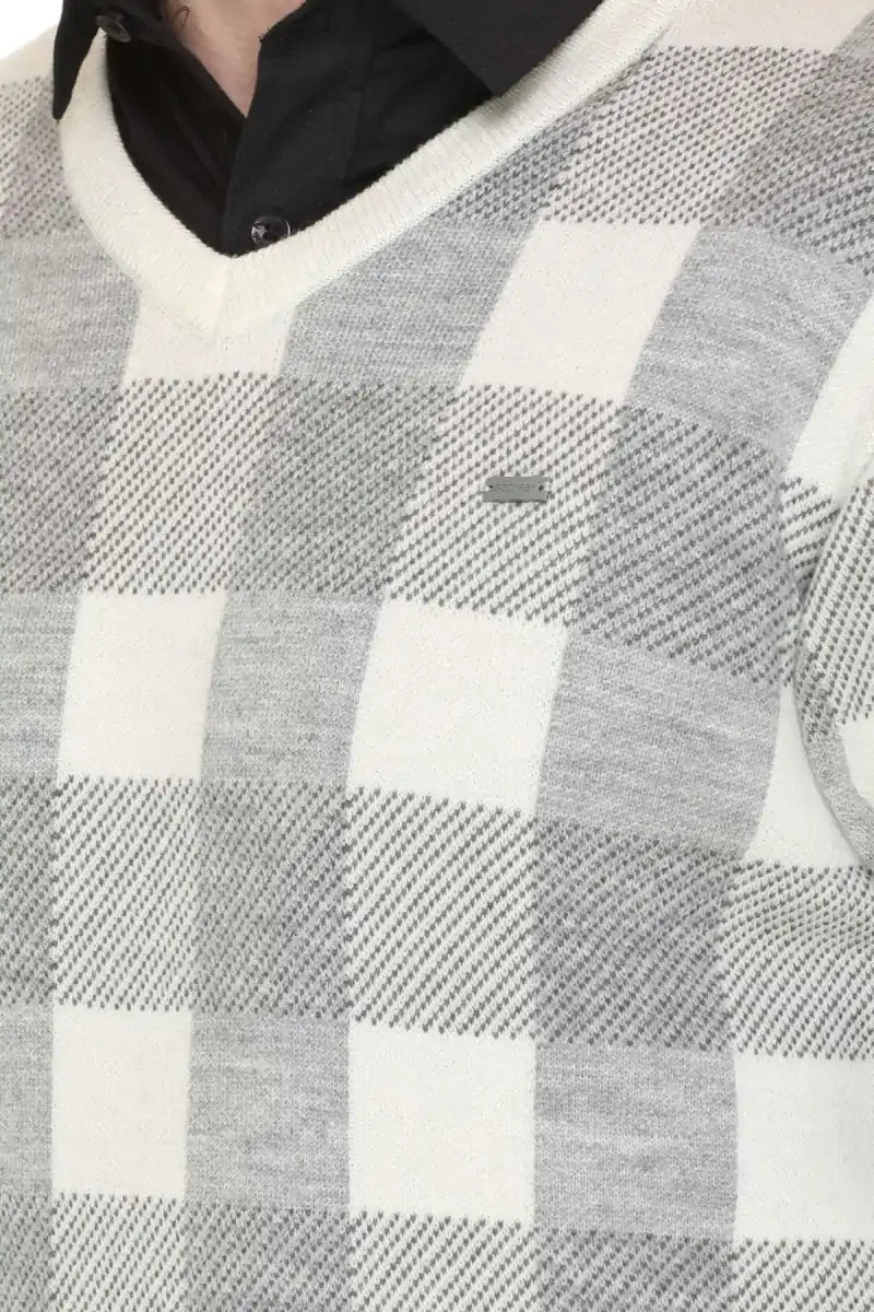 White Woolen V-Neck Designer Men Sweater