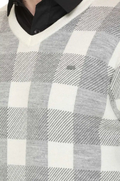 White Woolen V-Neck Designer Men Sweater