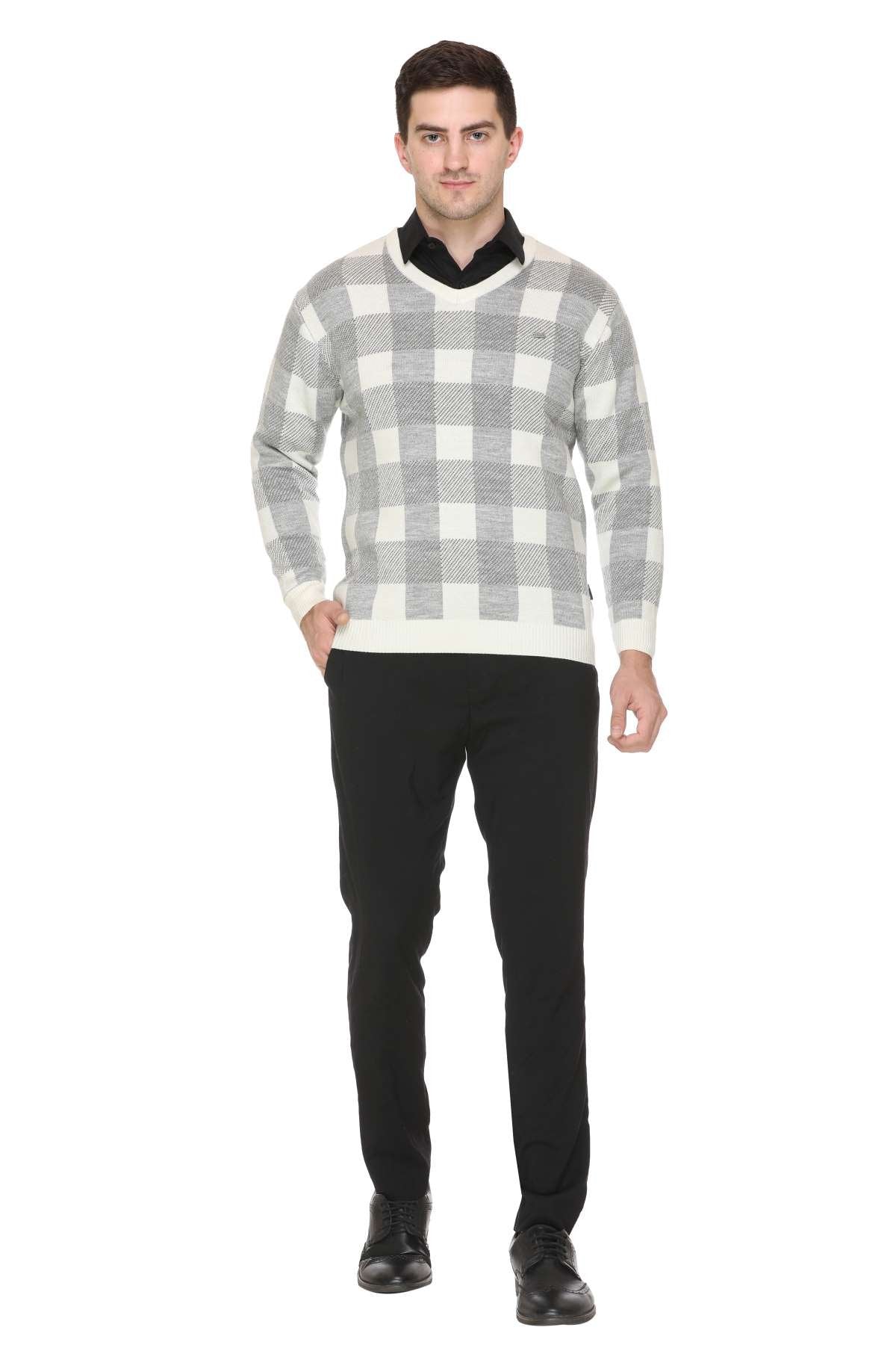 White Woolen V-Neck Designer Men Sweater