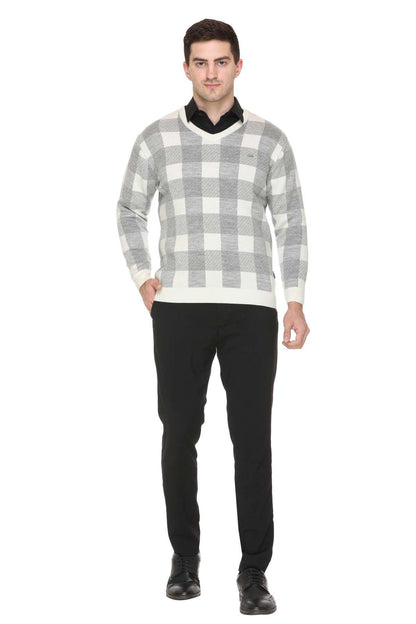 White Woolen V-Neck Designer Men Sweater