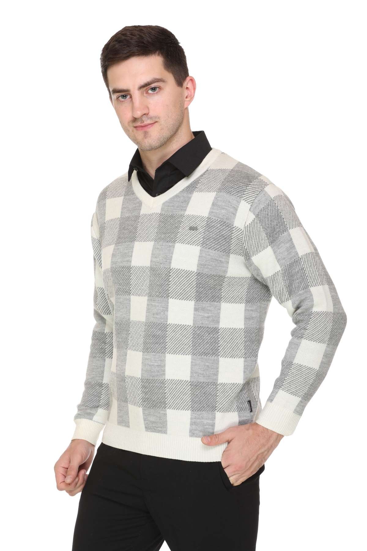 White Woolen V-Neck Designer Men Sweater