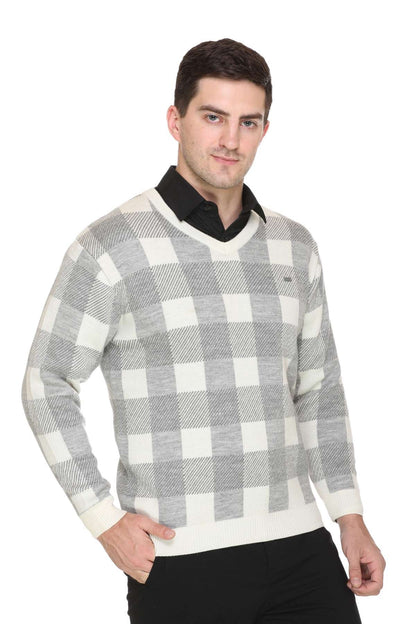 White Woolen V-Neck Designer Men Sweater