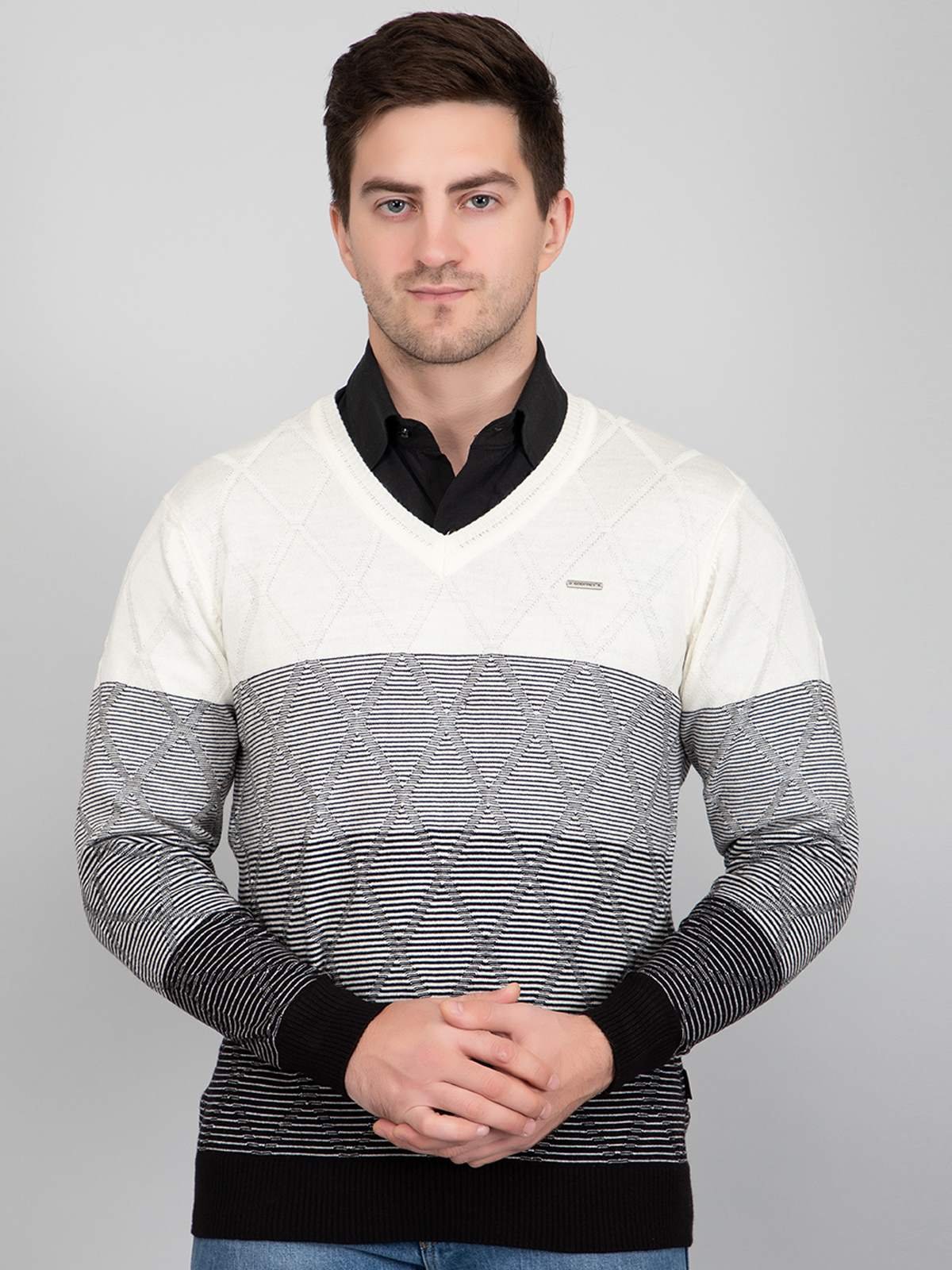 Black White Woolen V-Neck Striped Sweater Men
