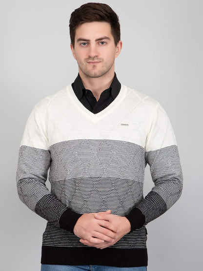 Black White Woolen V-Neck Striped Sweater Men