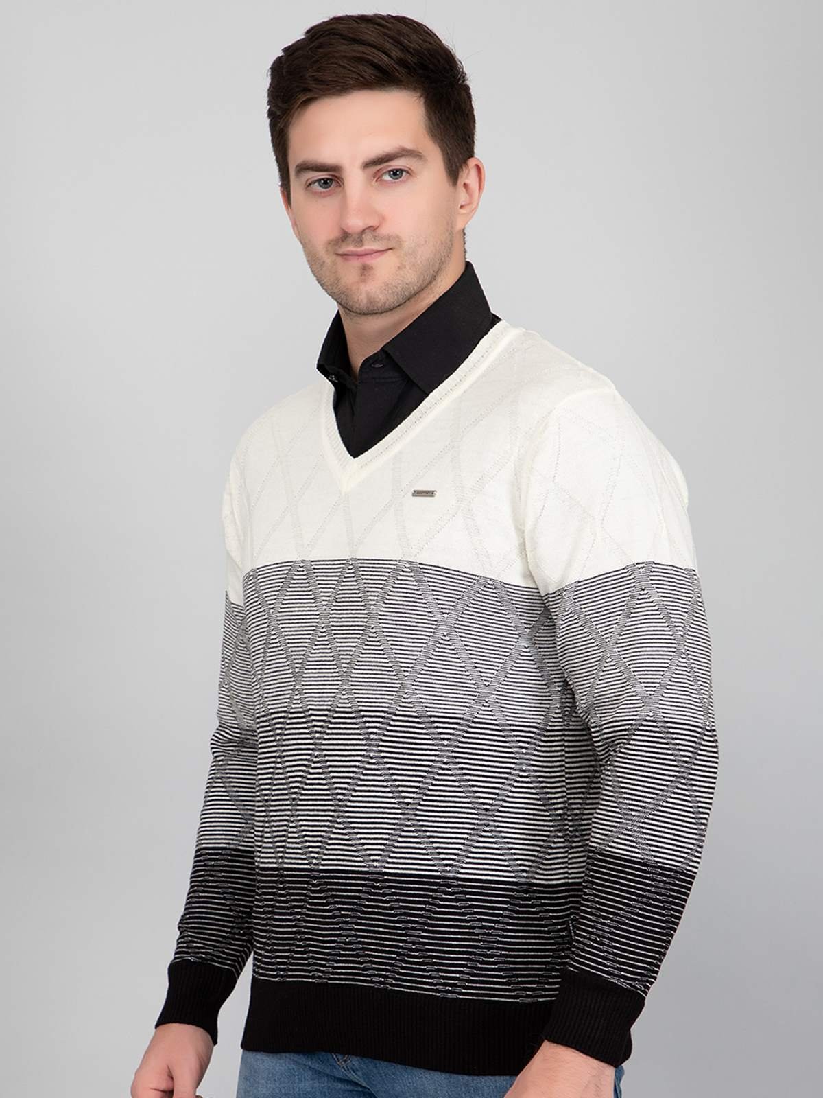 Black White Woolen V-Neck Striped Sweater Men