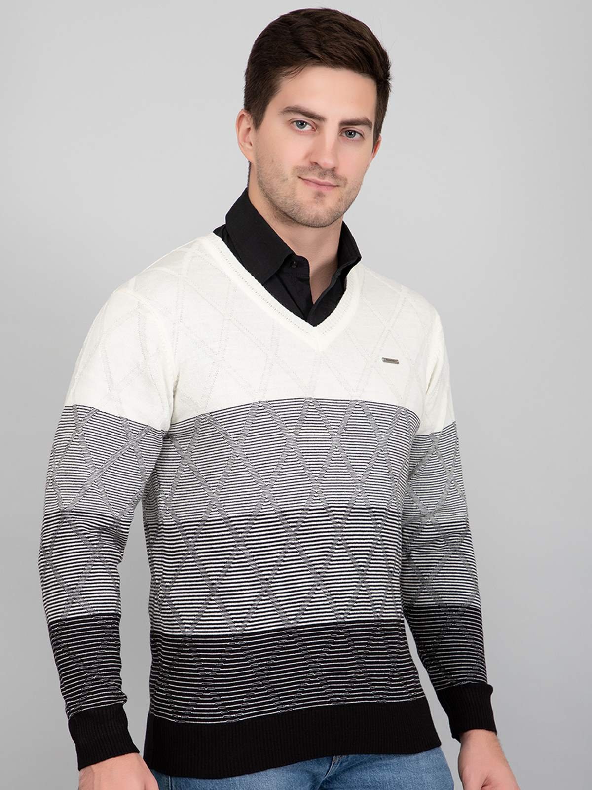 Black White Woolen V-Neck Striped Sweater Men