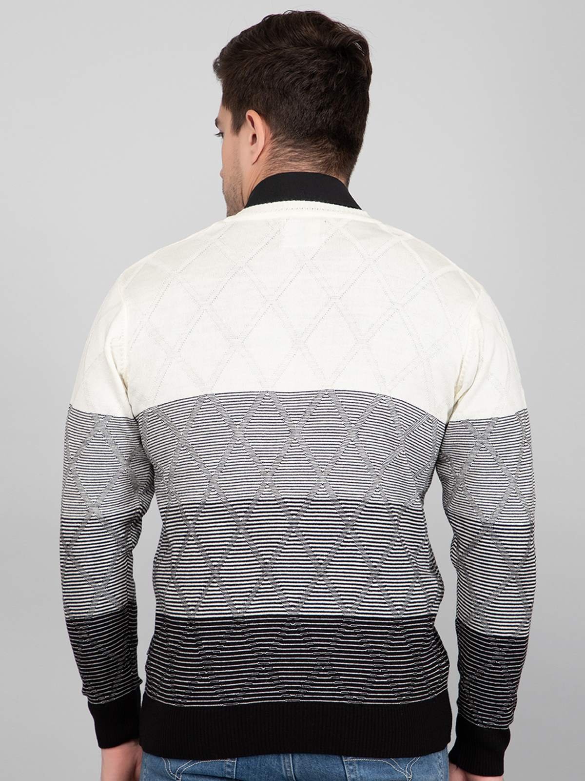 Black White Woolen V-Neck Striped Sweater Men