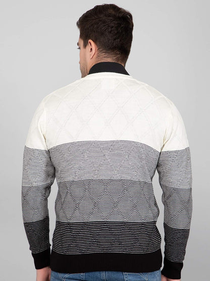 Black White Woolen V-Neck Striped Sweater Men