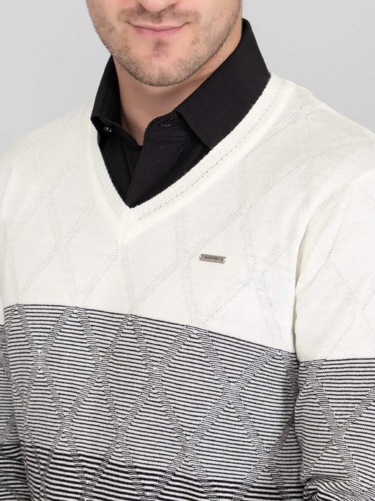 Black White Woolen V-Neck Striped Sweater Men
