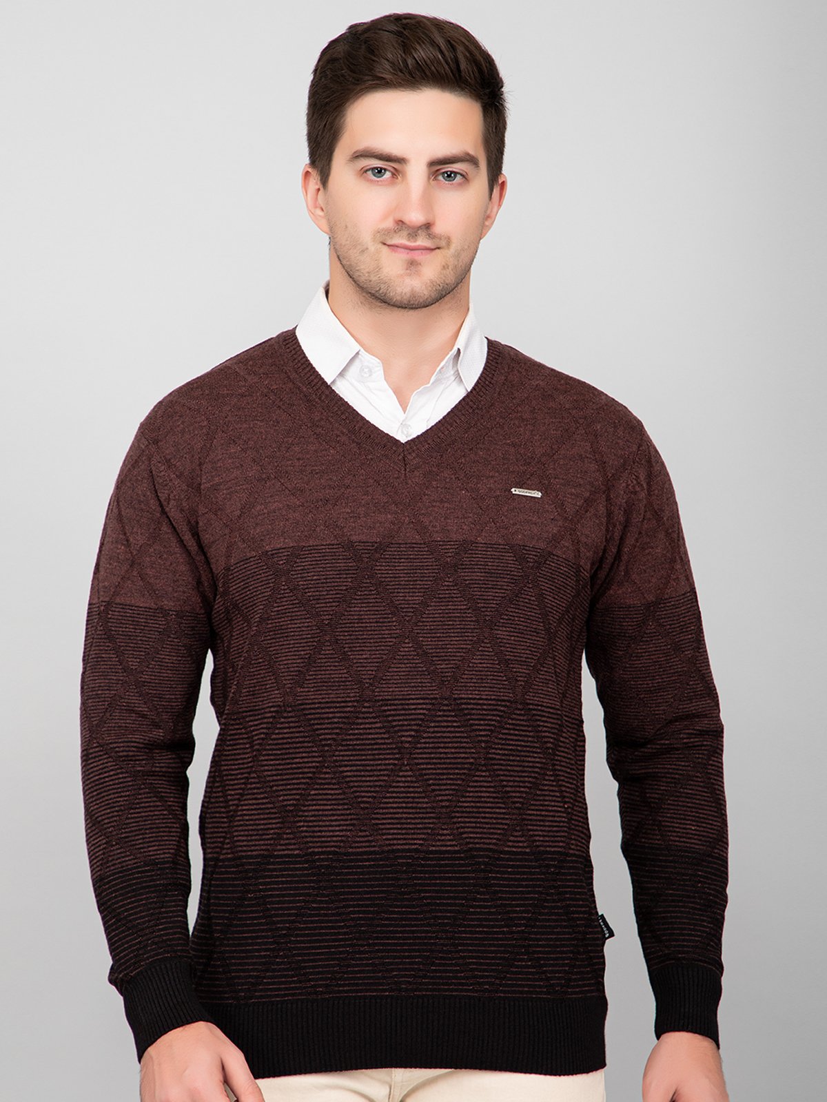Coffee Woolen V-Neck Pullover Sweater for Men