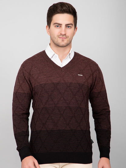 Coffee Woolen V-Neck Pullover Sweater for Men