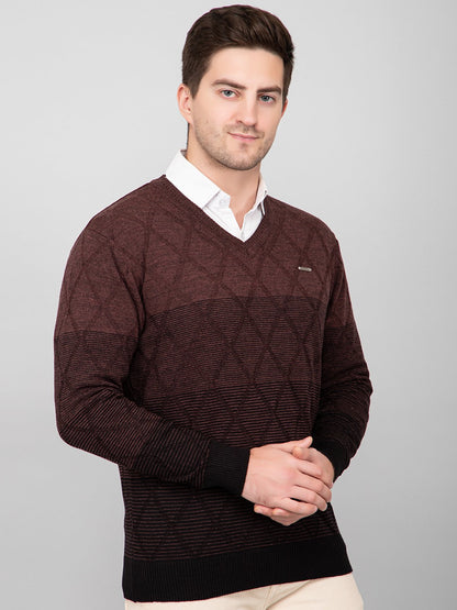 Coffee Woolen V-Neck Pullover Sweater for Men