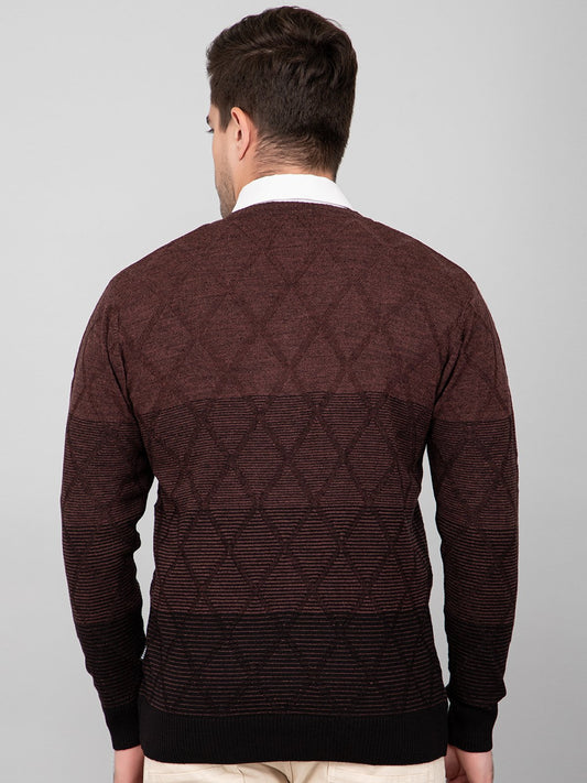 Coffee Woolen V-Neck Pullover Sweater for Men