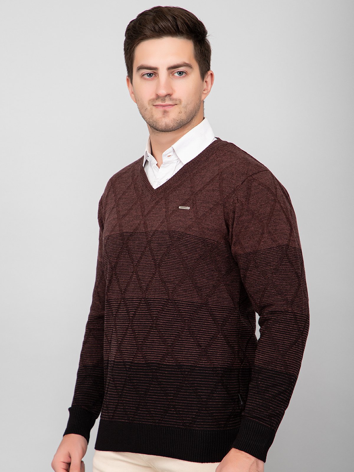 Coffee Woolen V-Neck Pullover Sweater for Men