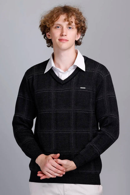 Black Woolen V-Neck Pullover Sweater for Men