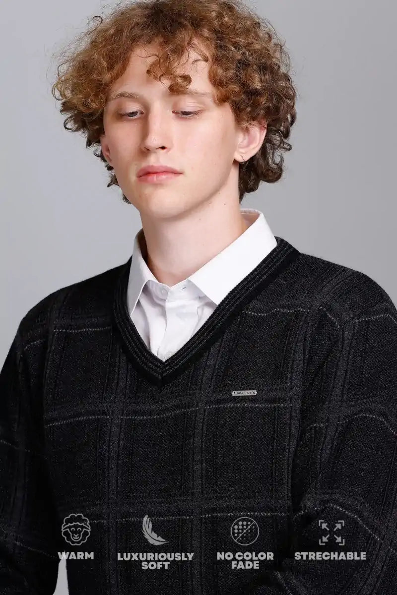 Black Woolen V-Neck Pullover Sweater for Men