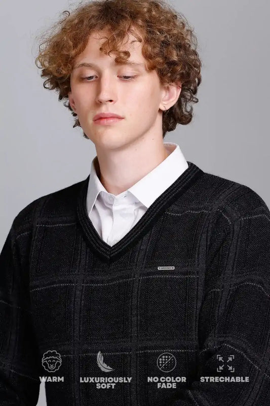 Black Woolen V-Neck Pullover Sweater for Men