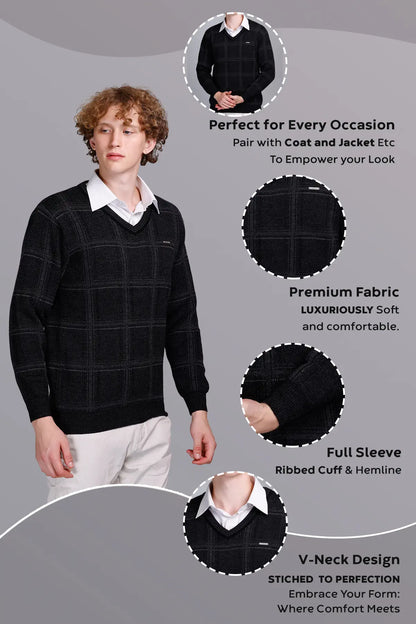 Black Woolen V-Neck Pullover Sweater for Men