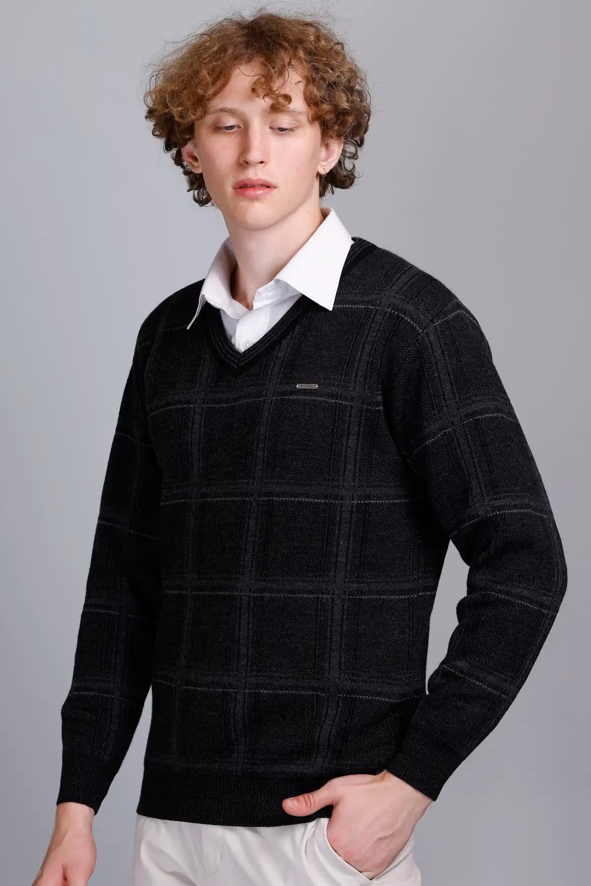 Black Woolen V-Neck Pullover Sweater for Men