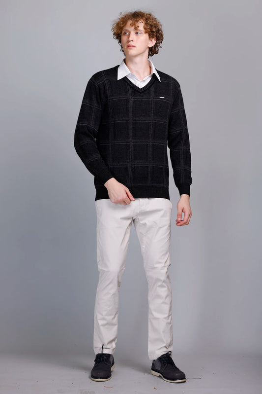 Black Woolen V-Neck Pullover Sweater for Men