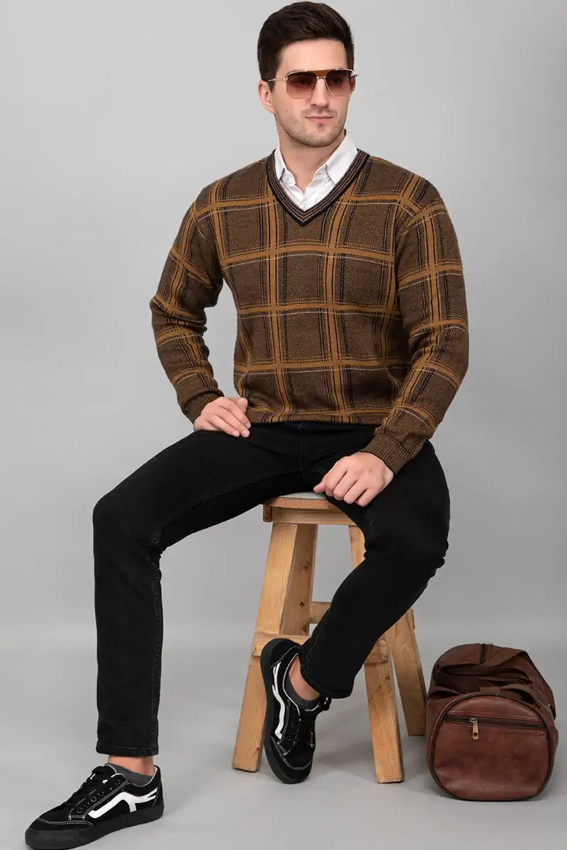 Mustard Woolen V-Neck Striped Sweater For Men