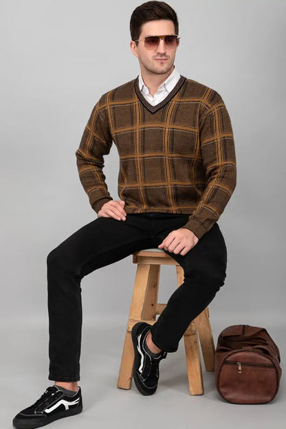 Mustard Woolen V-Neck Striped Sweater For Men