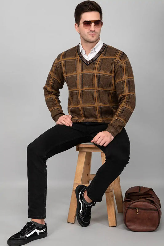 Mustard Woolen V-Neck Striped Sweater For Men