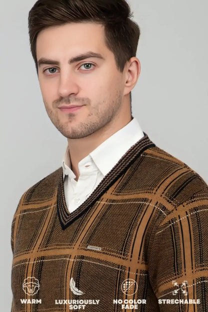 Mustard Woolen V-Neck Striped Sweater For Men
