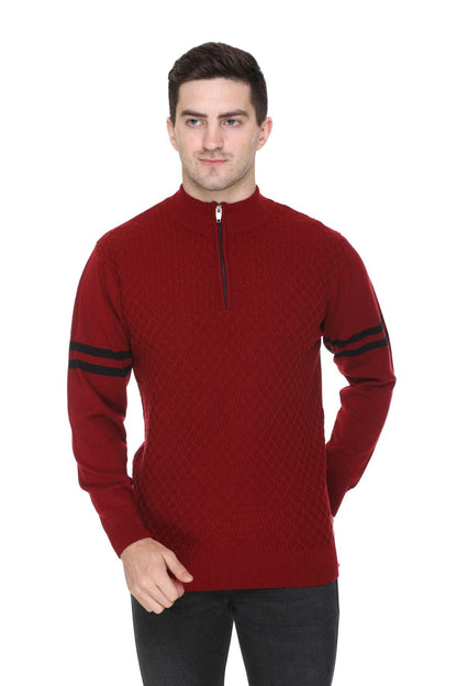 Maroon Half Zipper Self Design Knitted Men Sweater