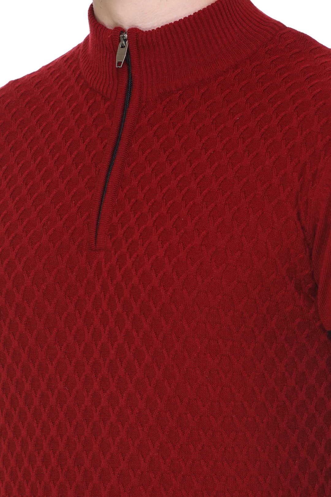 Maroon Half Zipper Self Design Knitted Men Sweater