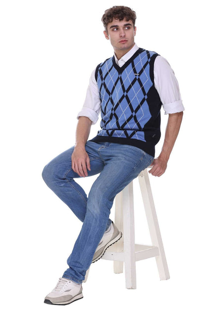 Navy | Sky Woolen V-Neck Sleeveless Sweater For Men
